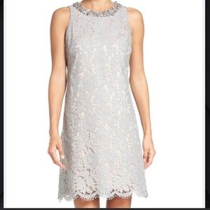 Eliza J. Shift Dress w. Jeweled Neckline & Lace Overlay